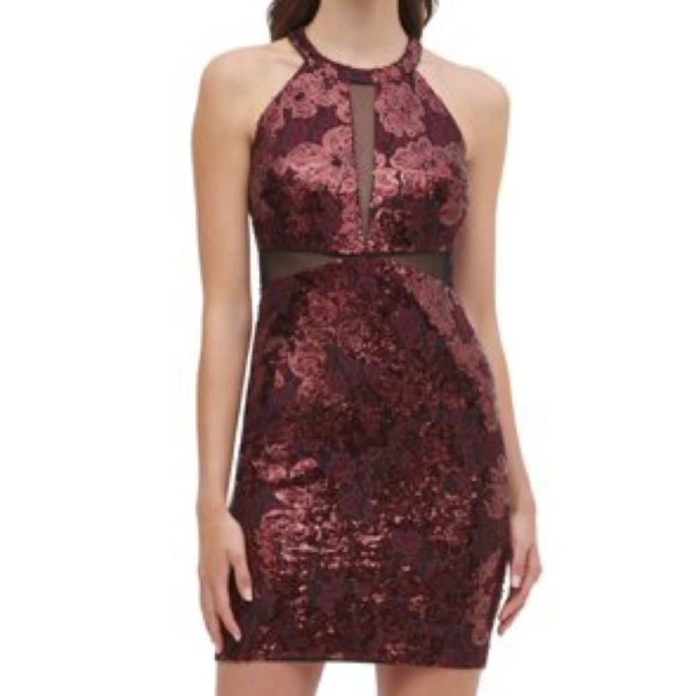 NWT Guess Maroon Sequined Zippered Sleeveless Halter BodyCon Party Dress